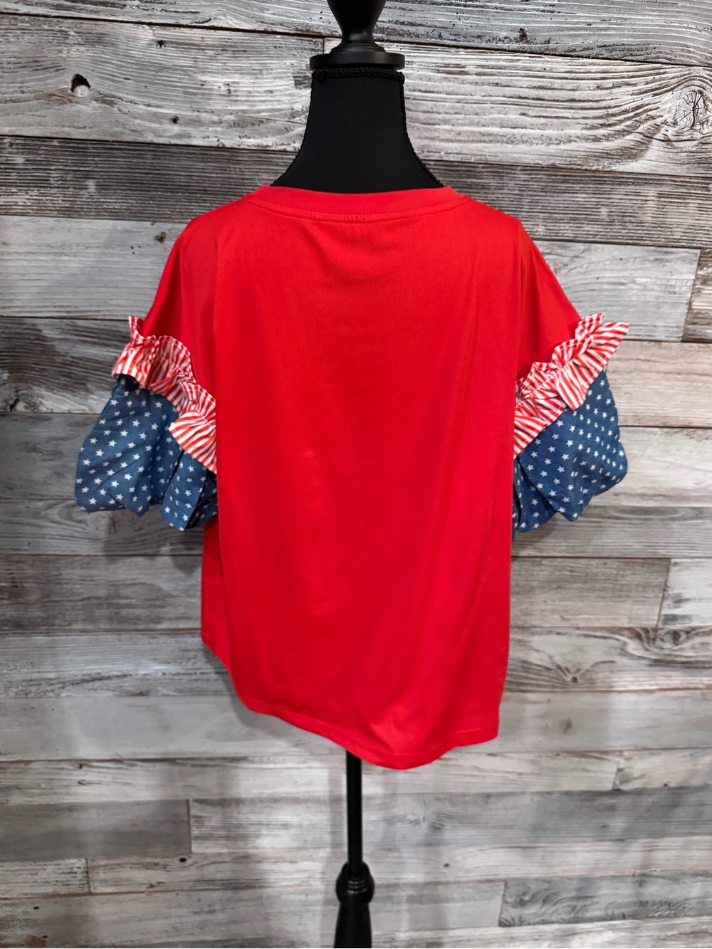 Amazon Red Top with Blue Star and Stripe Ruffle Sleeves - Picture 4 of 9